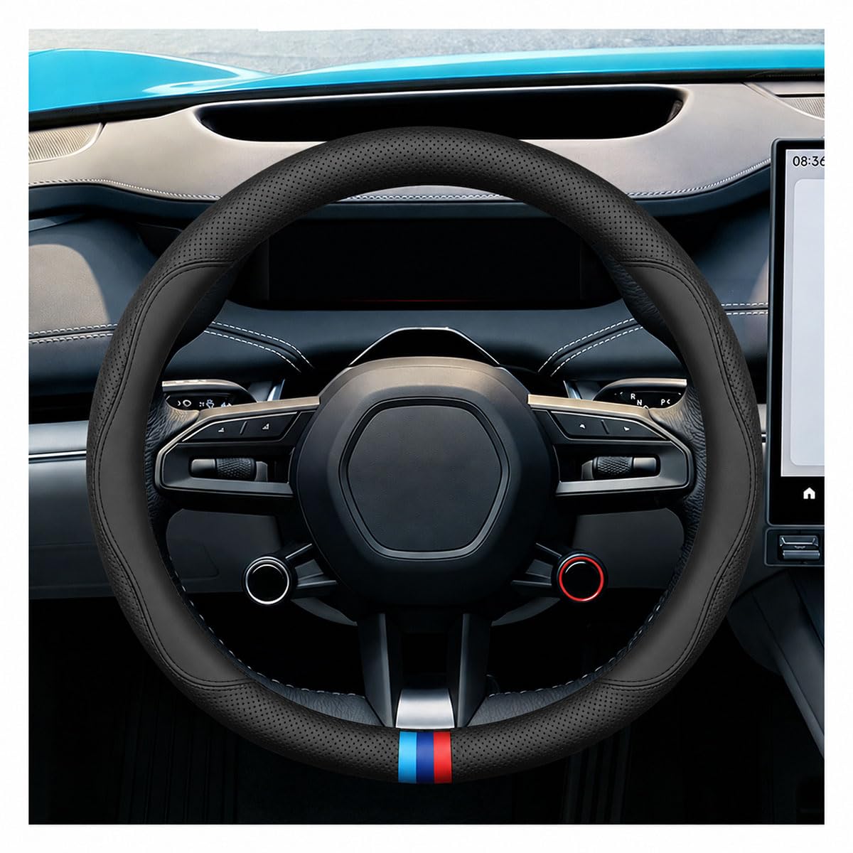 Craedli Black Dual-Line Nappa Leather Car Steering Wheel Cover 14.5-15 Inch