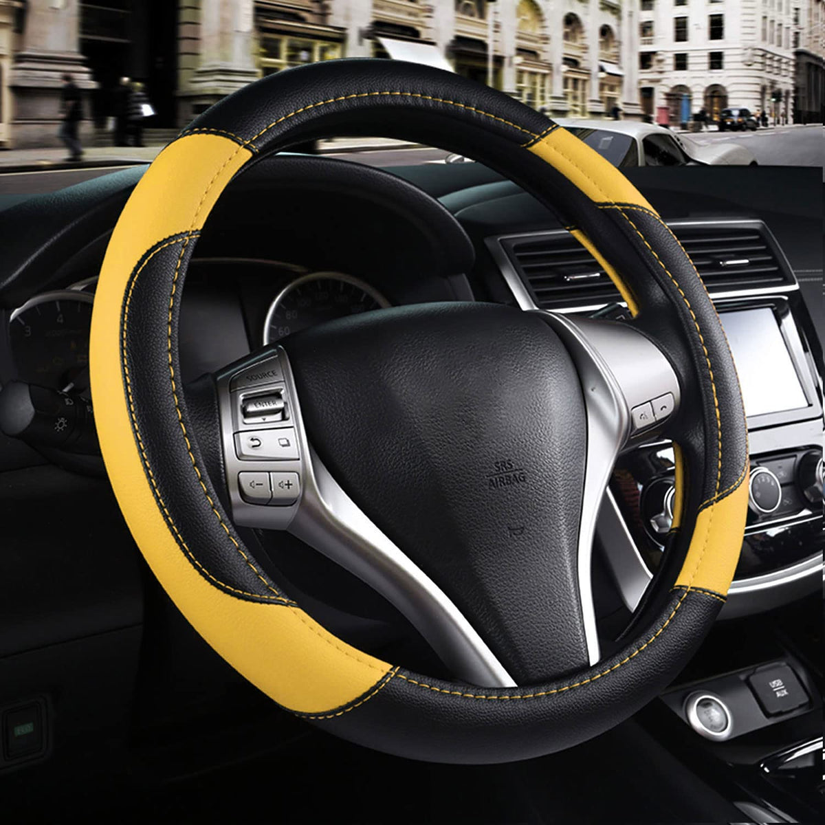 Leather Car Steering Wheel Cover, Universal Fit for Most Cars, Beige