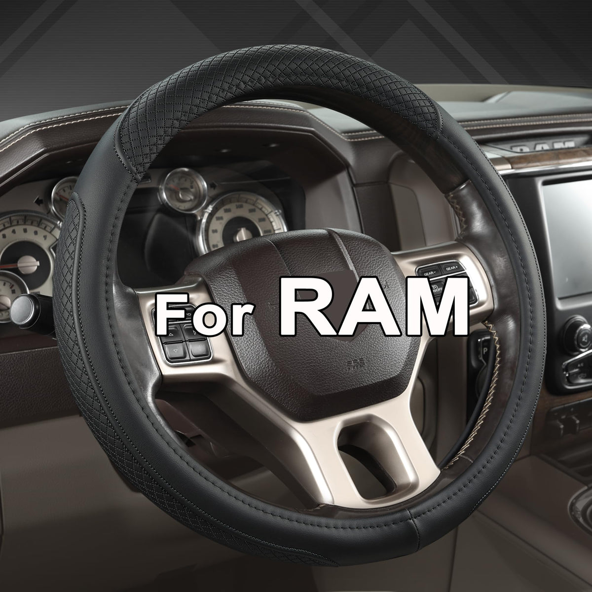 West Llama Customized Auto Car Steering Wheel Cover for Dodge RAM 1500 2500 3500, 15.5-16 inch (Diamond Quilted-Black+Red-Large Size)