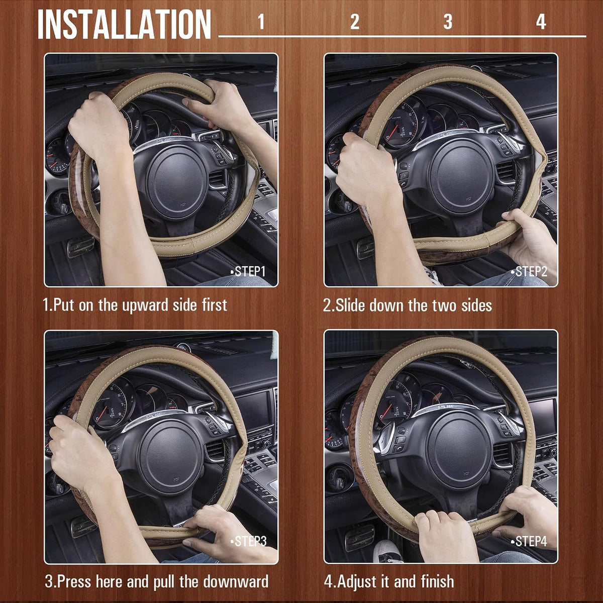CAR PASS Wood Grain 14.5-15 inch Microfiber Leather Steering Wheel Cover, Anti-Slip Veins Design Steering Wheel Universal Fit for Most Cars, Sedans, SUV, Beige