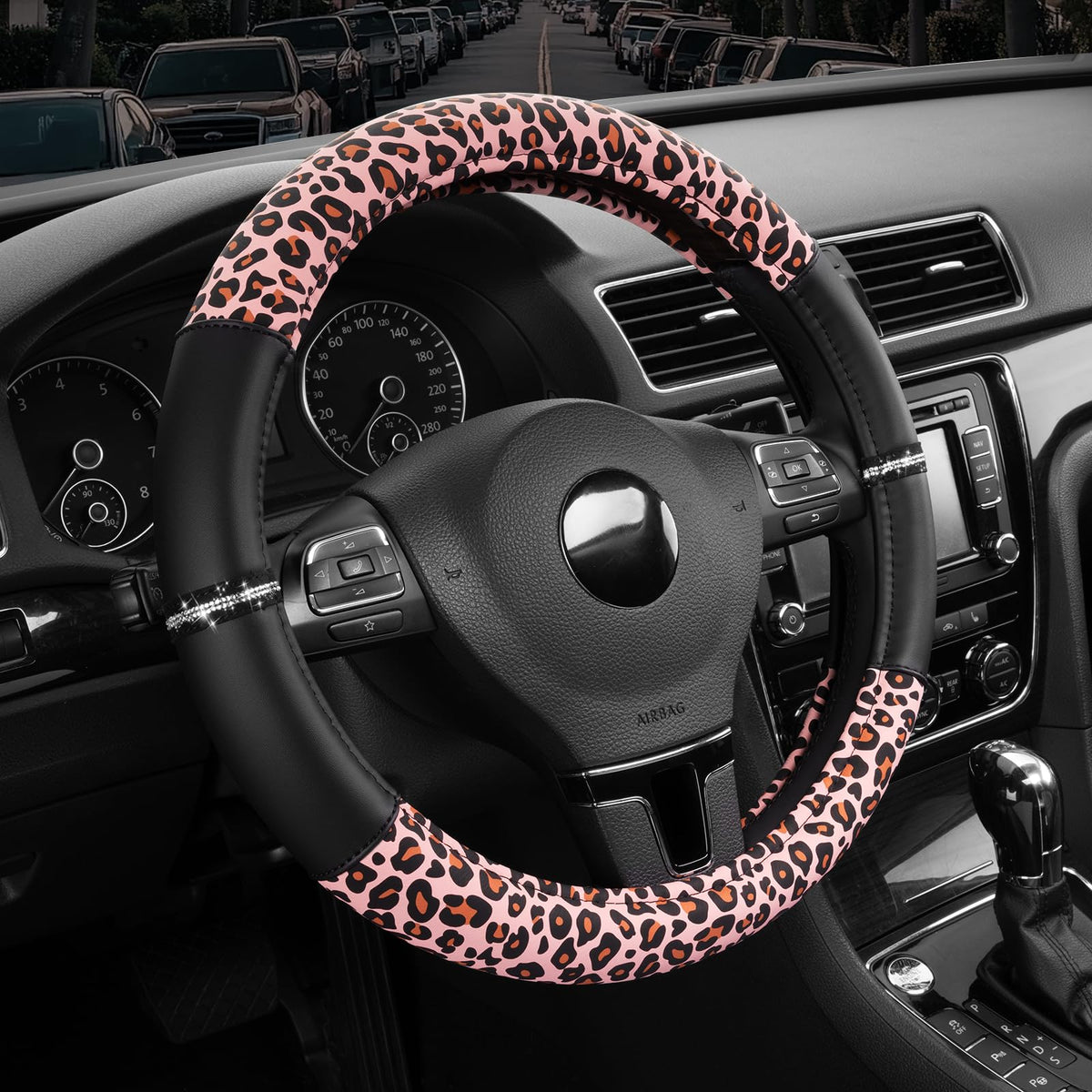 Road Comforts Leopard Steering Wheel Cover for Women, Cute Anti-Slip Premium PVC Leather, Fit 14.5-15 Inches Round Steering Wheel - Black