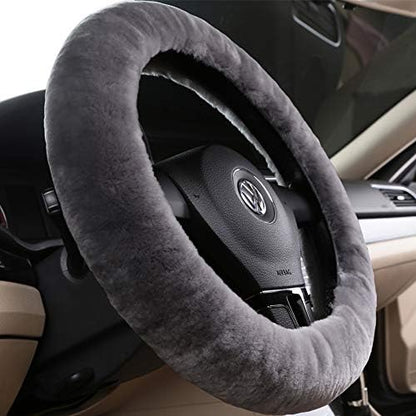 Black Fuzzy Sheepskin Car Steering Wheel Cover for Women | Soft Wool Girly