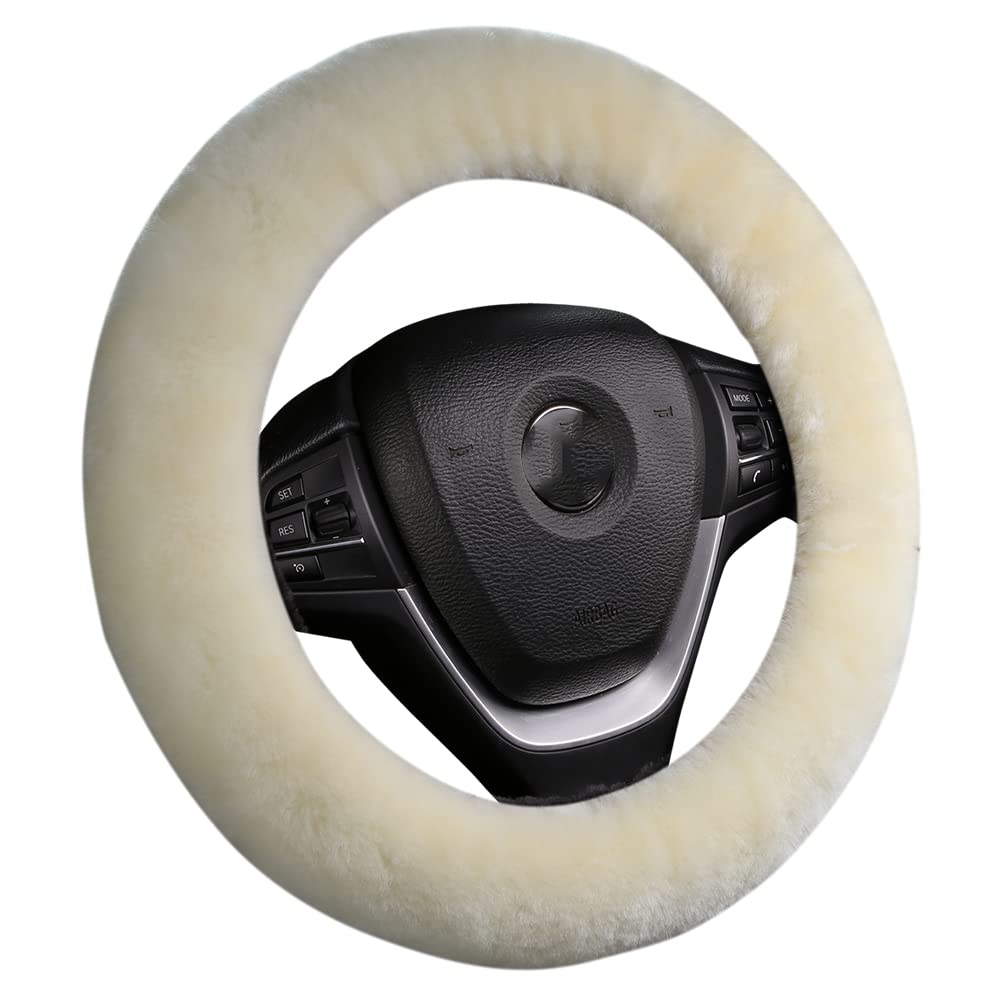 Black Fuzzy Sheepskin Car Steering Wheel Cover for Women | Soft Wool Girly