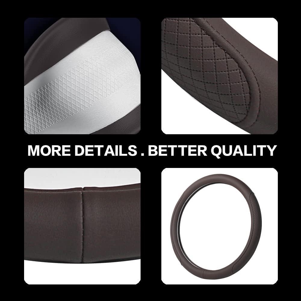 Microfiber Leather Steering Wheel Cover with Classic Embossing, Anti-Slip Breathable Auto Car Wheel Protector, 15 Inch, Coffee