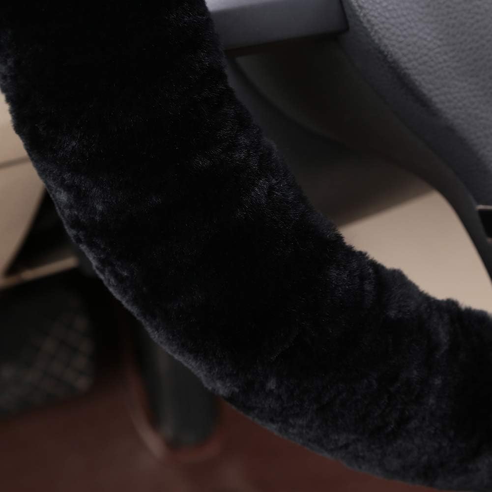 Black Fuzzy Sheepskin Car Steering Wheel Cover for Women | Soft Wool Girly