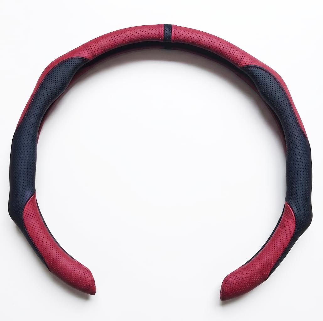 Quick Install Sporty Perforated Nappa Leather Steering Wheel Cover with Red Circular Stripe Trim Universal fit Any 14½ to 15 inches Car Pickup SUV 14.5 to 15 inches SW
