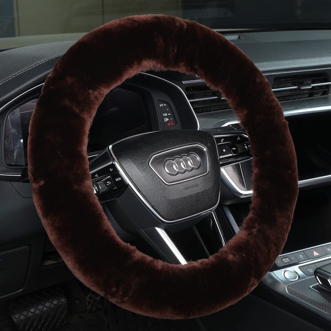 Black Fuzzy Sheepskin Car Steering Wheel Cover for Women | Soft Wool Girly