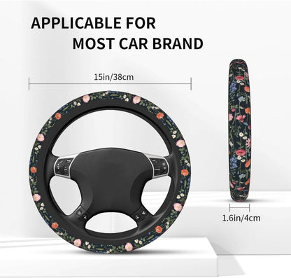 Wildflower Car Steering Wheel Cover 15 in, 2 Cute Floral Car Coasters