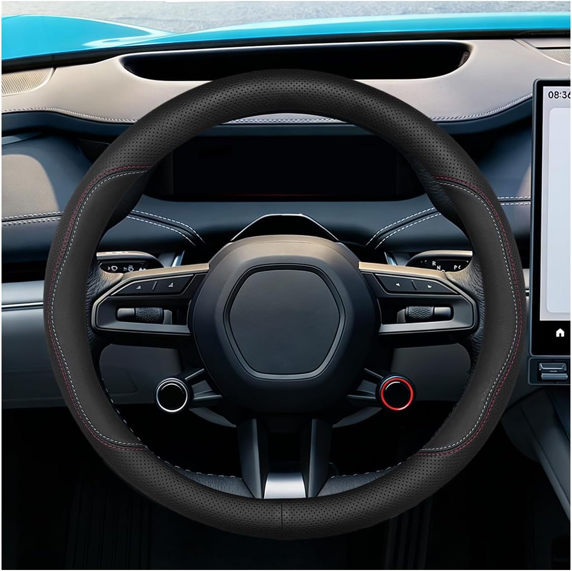 Craedli Black Dual-Line Nappa Leather Car Steering Wheel Cover 14.5-15 Inch