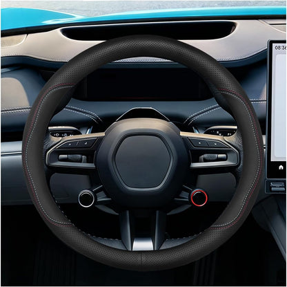 Craedli Black Dual-Line Nappa Leather Car Steering Wheel Cover 14.5-15 Inch