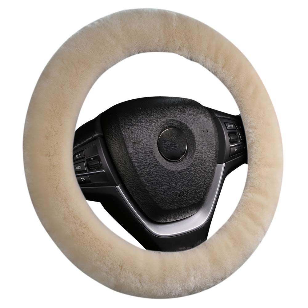 Black Fuzzy Sheepskin Car Steering Wheel Cover for Women | Soft Wool Girly