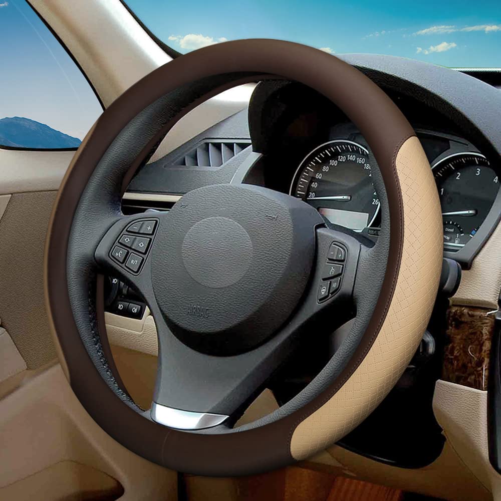 Microfiber Leather Steering Wheel Cover with Classic Embossing, Anti-Slip Breathable Auto Car Wheel Protector, 15 Inch, Coffee