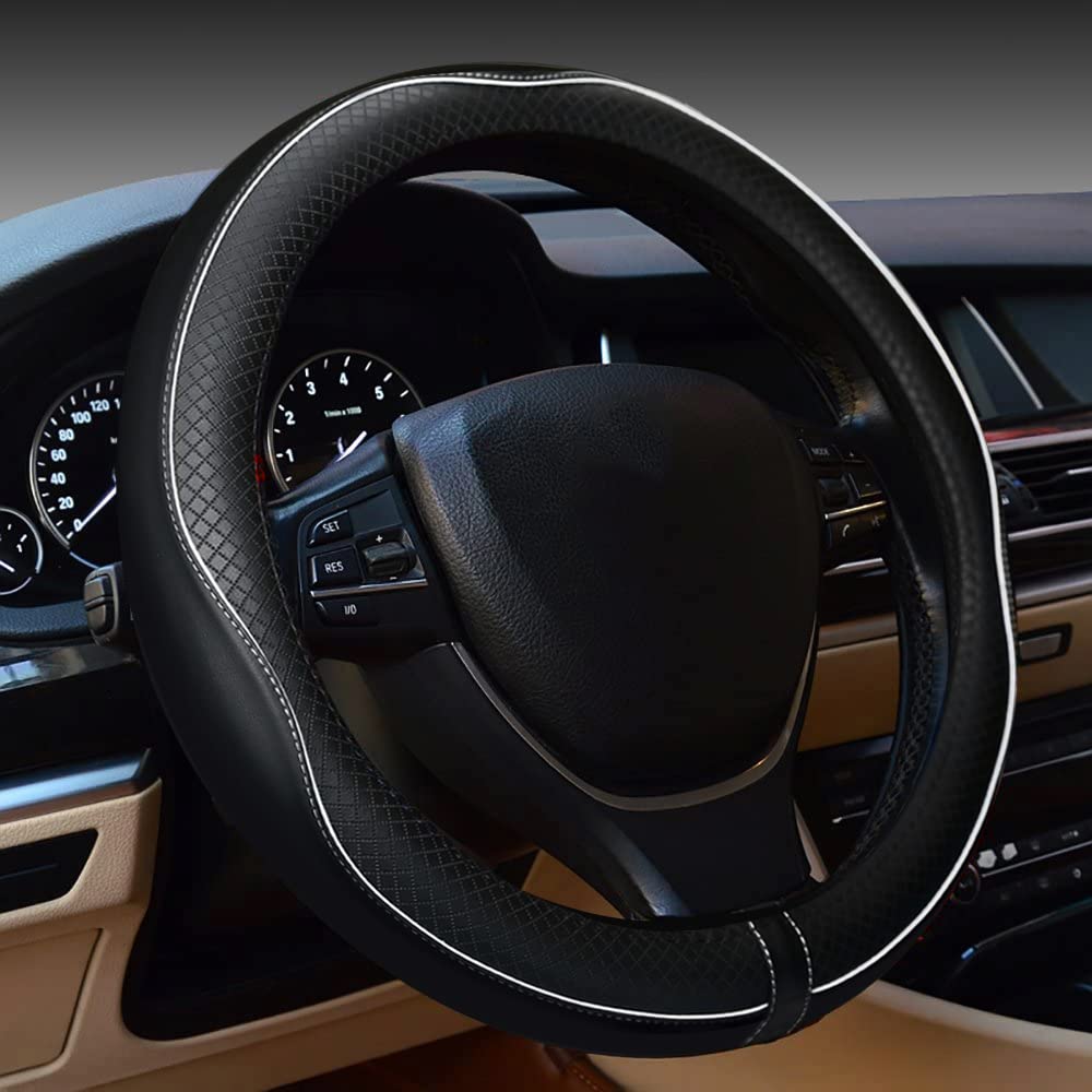 Car Steering Wheel Cover, Anti-Slip, Safety, Soft, Breathable, Heavy Duty, Thick, Full Surround, Sports Style (Black with Red line)