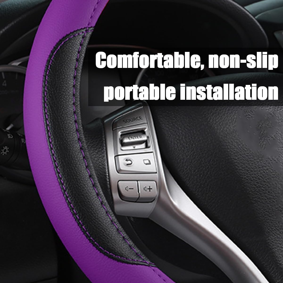 BELOMI 14.5-15 Inch Leather Steering Wheel Cover, Sport Style, Purple