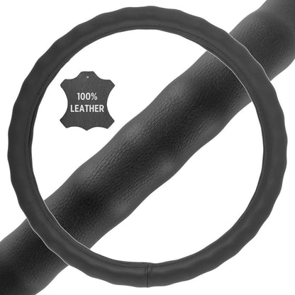 BDK Black Genuine Leather Steering Wheel Cover Large 15.5 to 16 inch