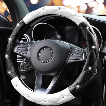 YOGURTCK Diamond Soft Leather Anti-Slip Steering Wheel Cover with Bling Bling Crystal Rhinestones, Universal 15 Inch for Women Girls, Fit Vehicles, Sedans, SUVs, Vans, Trucks - Black