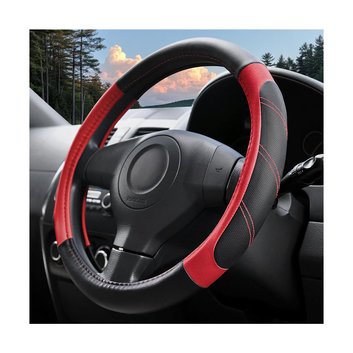 14.5-15 Inch Leather Steering Wheel Cover, Non Slip, Black/Gray