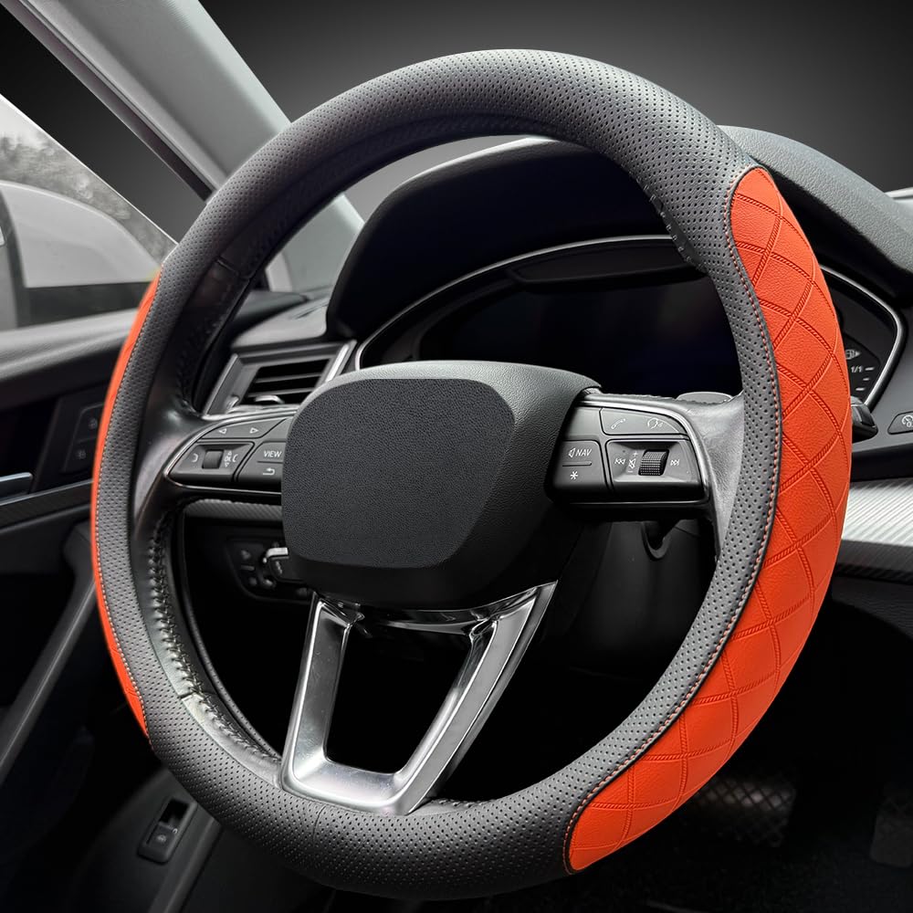 LKWLIKEI Nappa Leather Steering Wheel Cover,Elegant Diamond Checkered Design, Non-Slip wear-Resistant, Enhance Driving Comfort, Suitable for Steering Wheel Diameter 14 1/2‘-15’ Models.Black Brown
