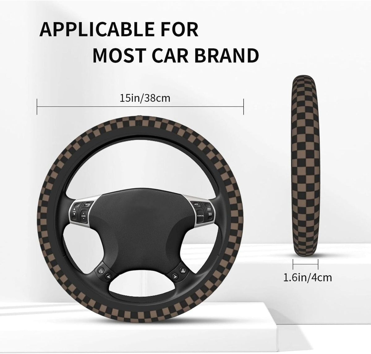 Checkered Black Brown Steering Wheel Cover 15 Inch Car + 2 pc Car Coasters