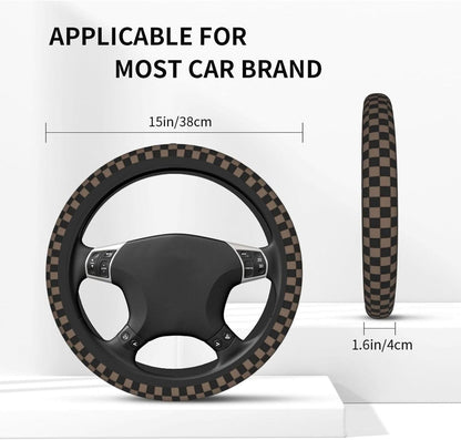 Checkered Black Brown Steering Wheel Cover 15 Inch Car + 2 pc Car Coasters