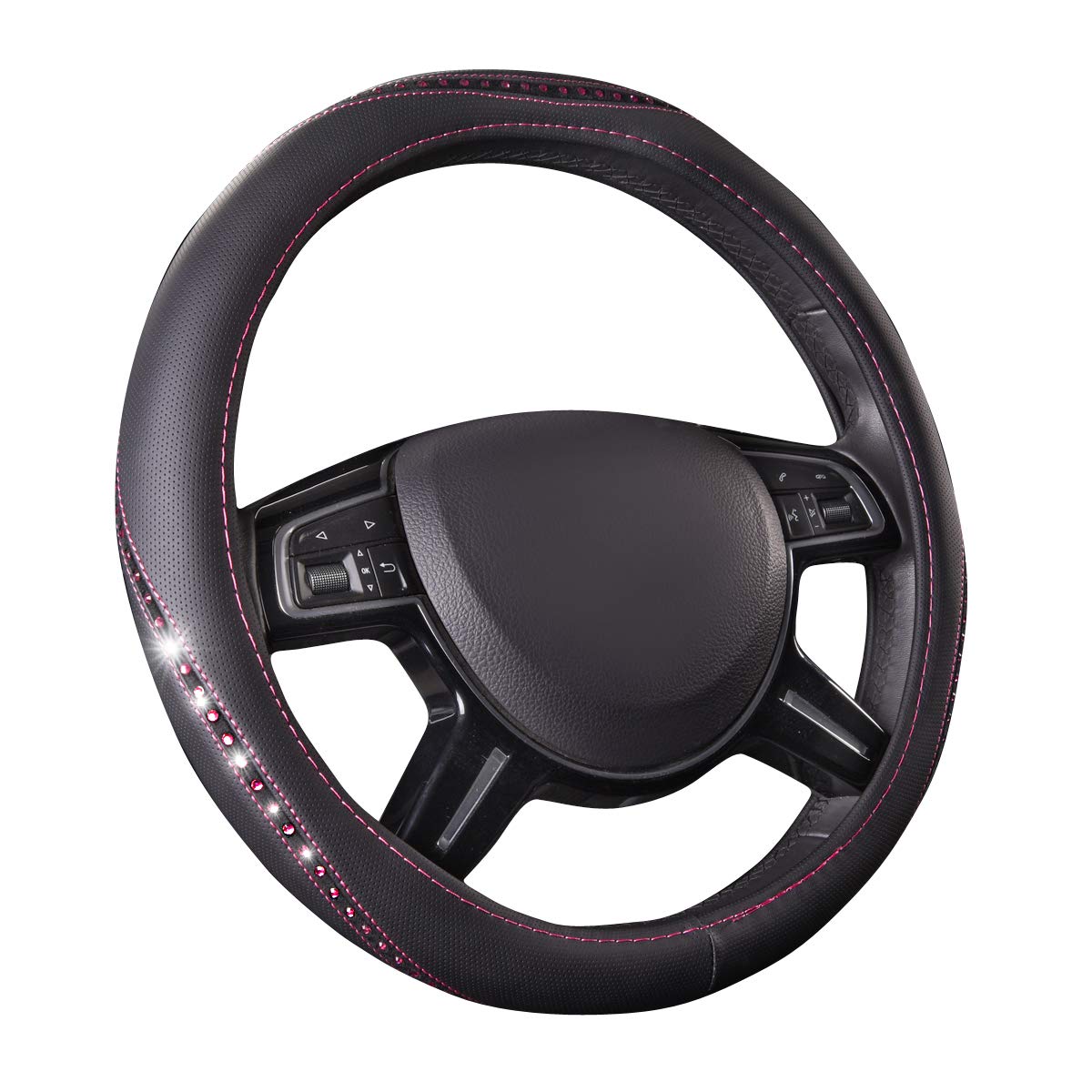 CAR PASS Bling Diamond Black Leather Steering Wheel Cover, Studded Crystal Rhinestones Universal Fit 14" 1/2-15" Glitter for Women Sparkle Girl Fit Suvs,Vans,Sedans,Car,Trucks, Silver Diamond