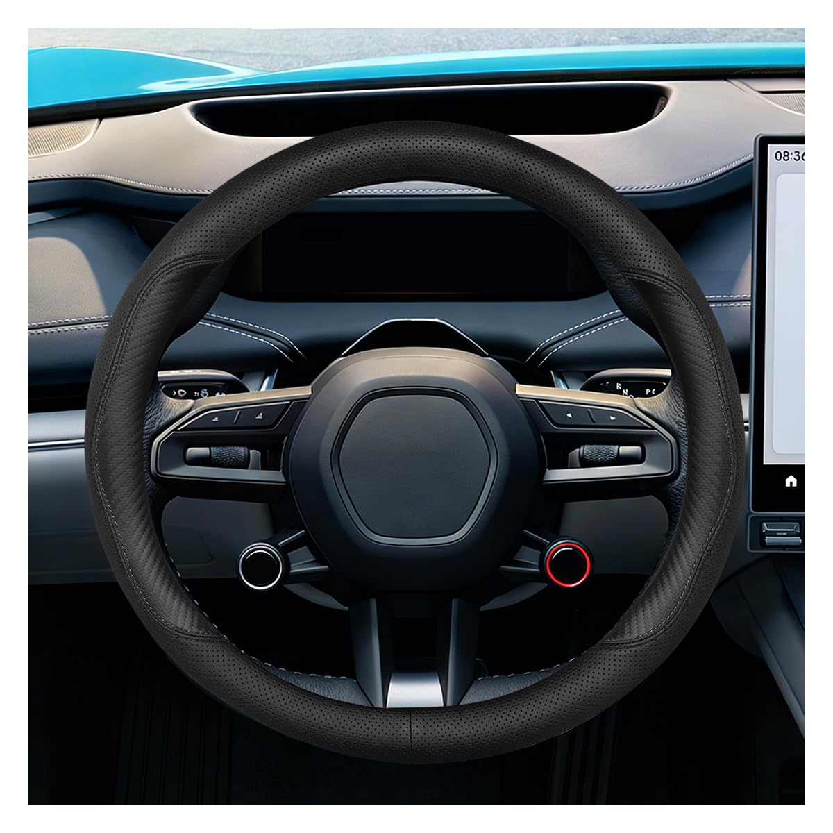 Craedli Black Dual-Line Nappa Leather Car Steering Wheel Cover 14.5-15 Inch
