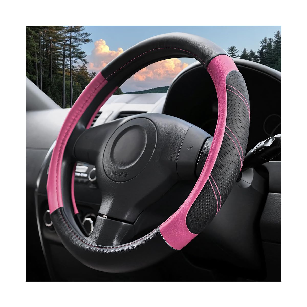 14.5-15 Inch Leather Steering Wheel Cover, Non Slip, Black/Gray