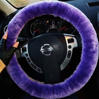 Black Fuzzy Sheepskin Car Steering Wheel Cover for Women | Soft Wool Girly