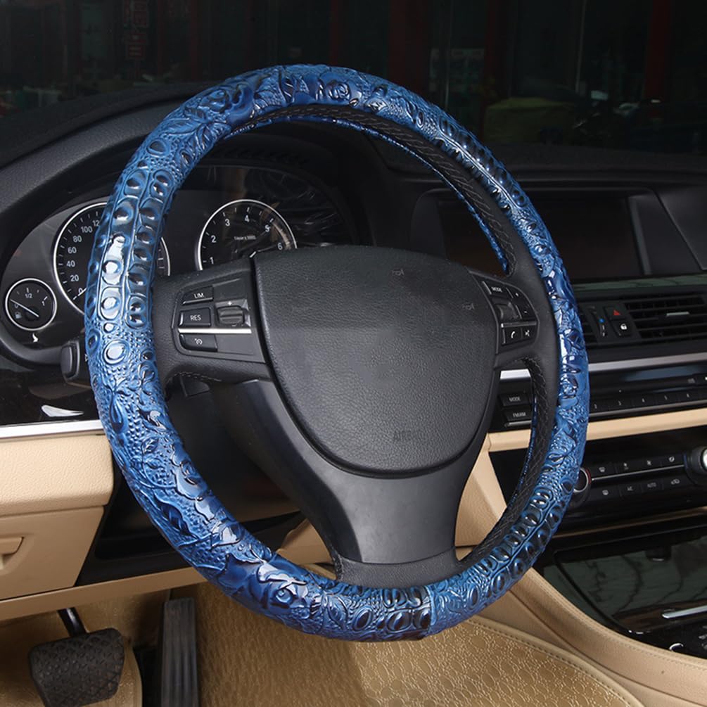 Leather Auto Car Steering Wheel Cover,Anti Slip Universal 15 Inch,Brown Crocodile with Rose Grain