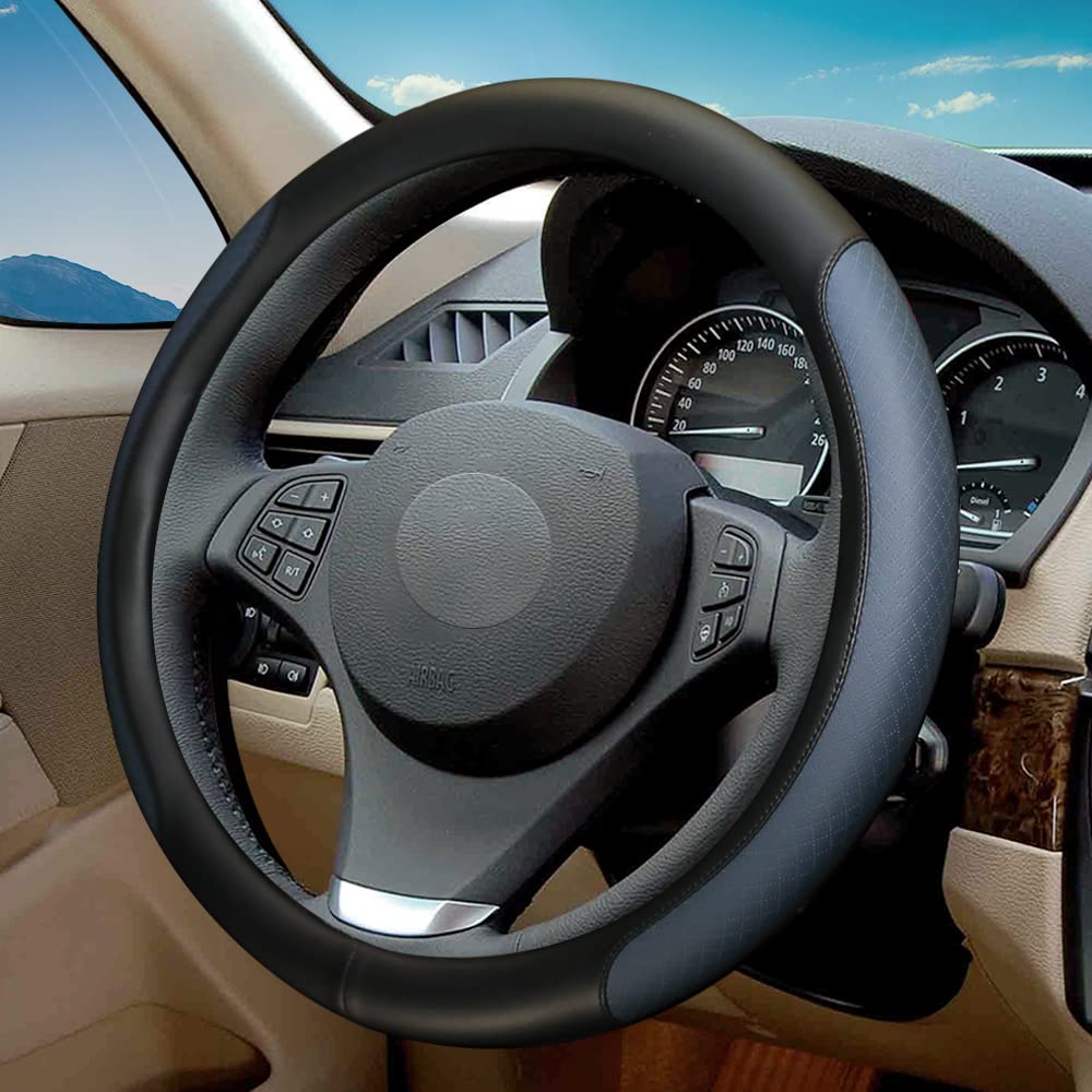Microfiber Leather Steering Wheel Cover with Classic Embossing, Anti-Slip Breathable Auto Car Wheel Protector, 15 Inch, Coffee