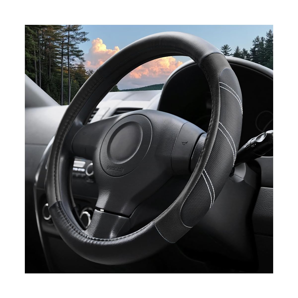 14.5-15 Inch Leather Steering Wheel Cover, Non Slip, Black/Gray