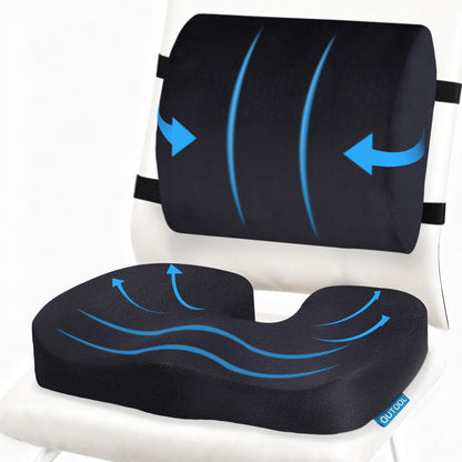 Seat Cushion & Lumbar Support Pillow for Office Chair, Car, Wheelchair Memory Foam Desk Chair Cushion for Sciatica, Lower Back & Tailbone Pain Relief Desk Pad with Adjustable Strap 3D Washable Cover