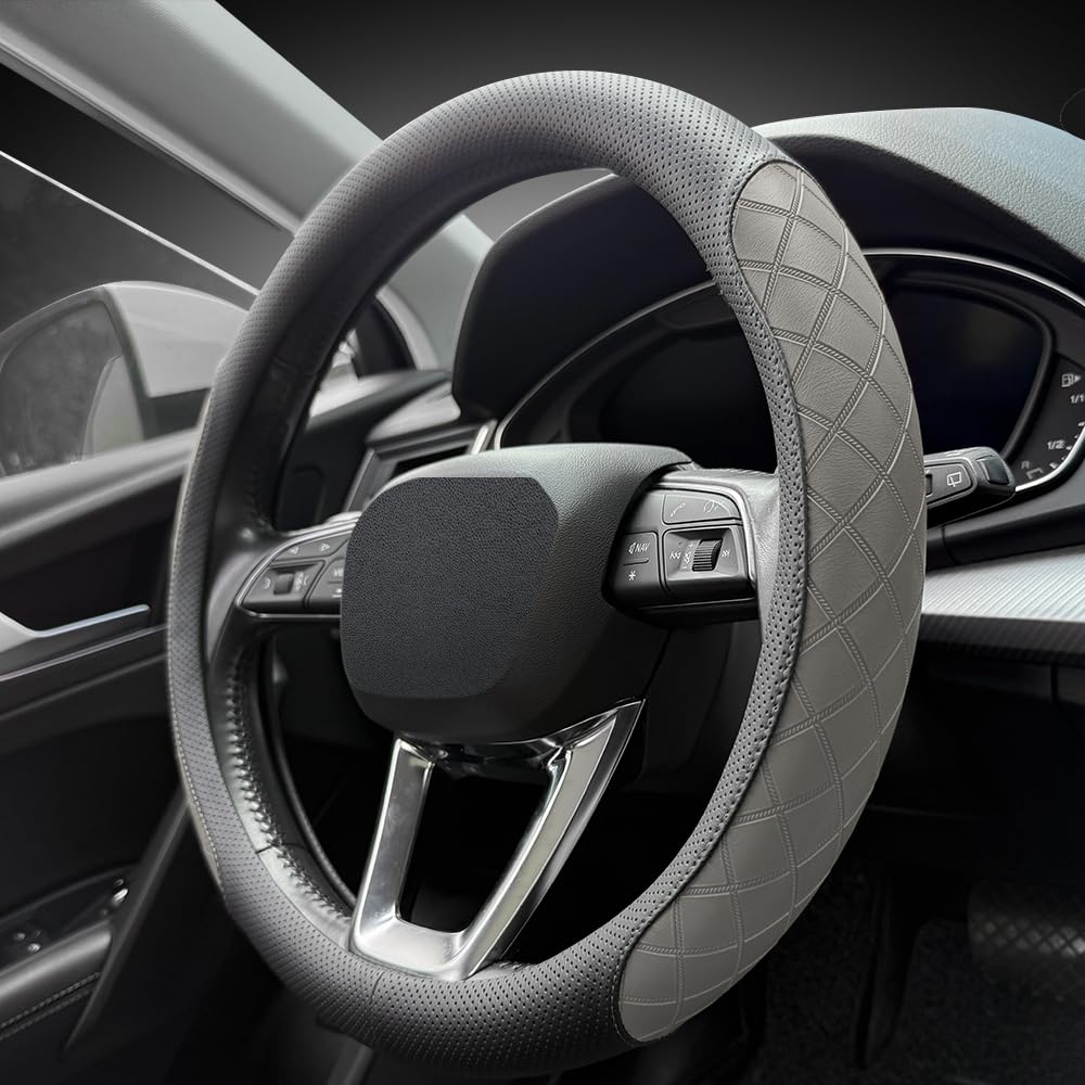 LKWLIKEI Nappa Leather Steering Wheel Cover,Elegant Diamond Checkered Design, Non-Slip wear-Resistant, Enhance Driving Comfort, Suitable for Steering Wheel Diameter 14 1/2‘-15’ Models.Black Brown