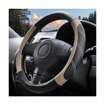 14.5-15 Inch Leather Steering Wheel Cover, Non Slip, Black/Gray