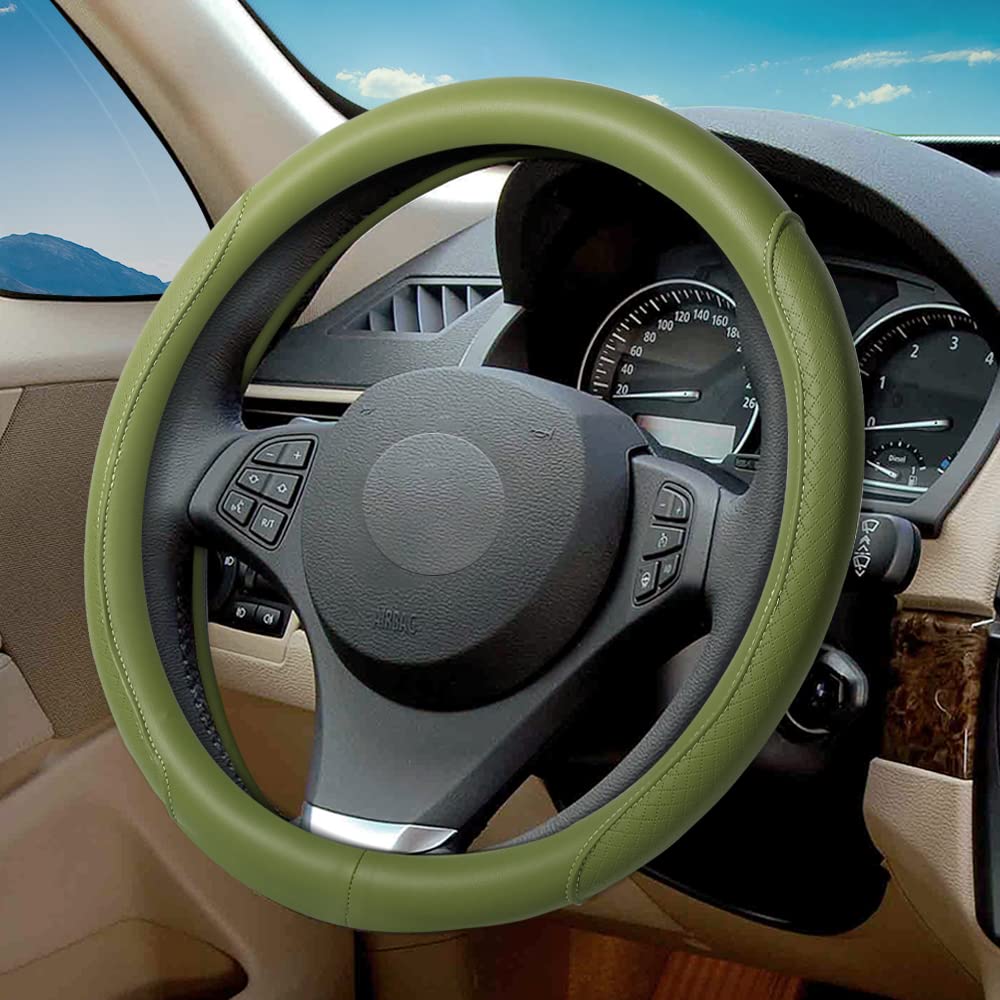 Microfiber Leather Steering Wheel Cover with Classic Embossing, Anti-Slip Breathable Auto Car Wheel Protector, 15 Inch, Coffee