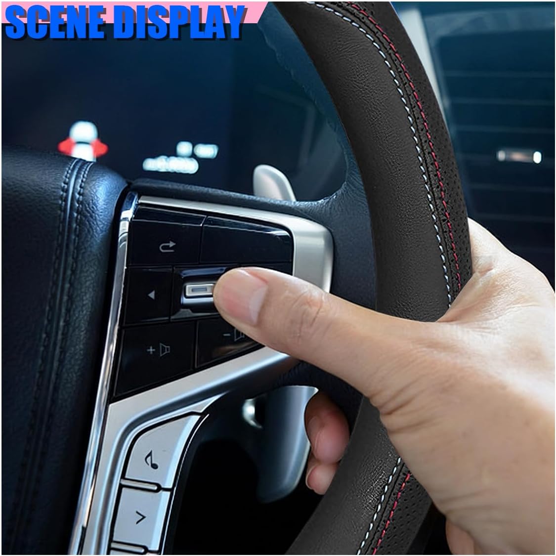 Craedli Black Dual-Line Nappa Leather Car Steering Wheel Cover 14.5-15 Inch