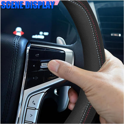 Craedli Black Dual-Line Nappa Leather Car Steering Wheel Cover 14.5-15 Inch