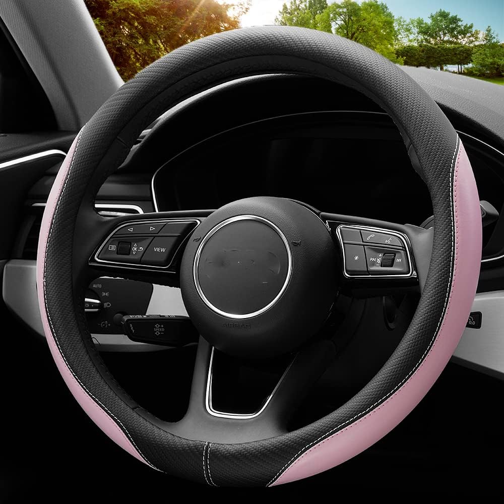 YHONGJT Soft Cute Light Pink Microfiber Leather Anti-Slip Steering Wheel Cover, Universal 15 Inch for Women Girls, Fit Vehicles, Sedans, SUVs, Vans, Trucks