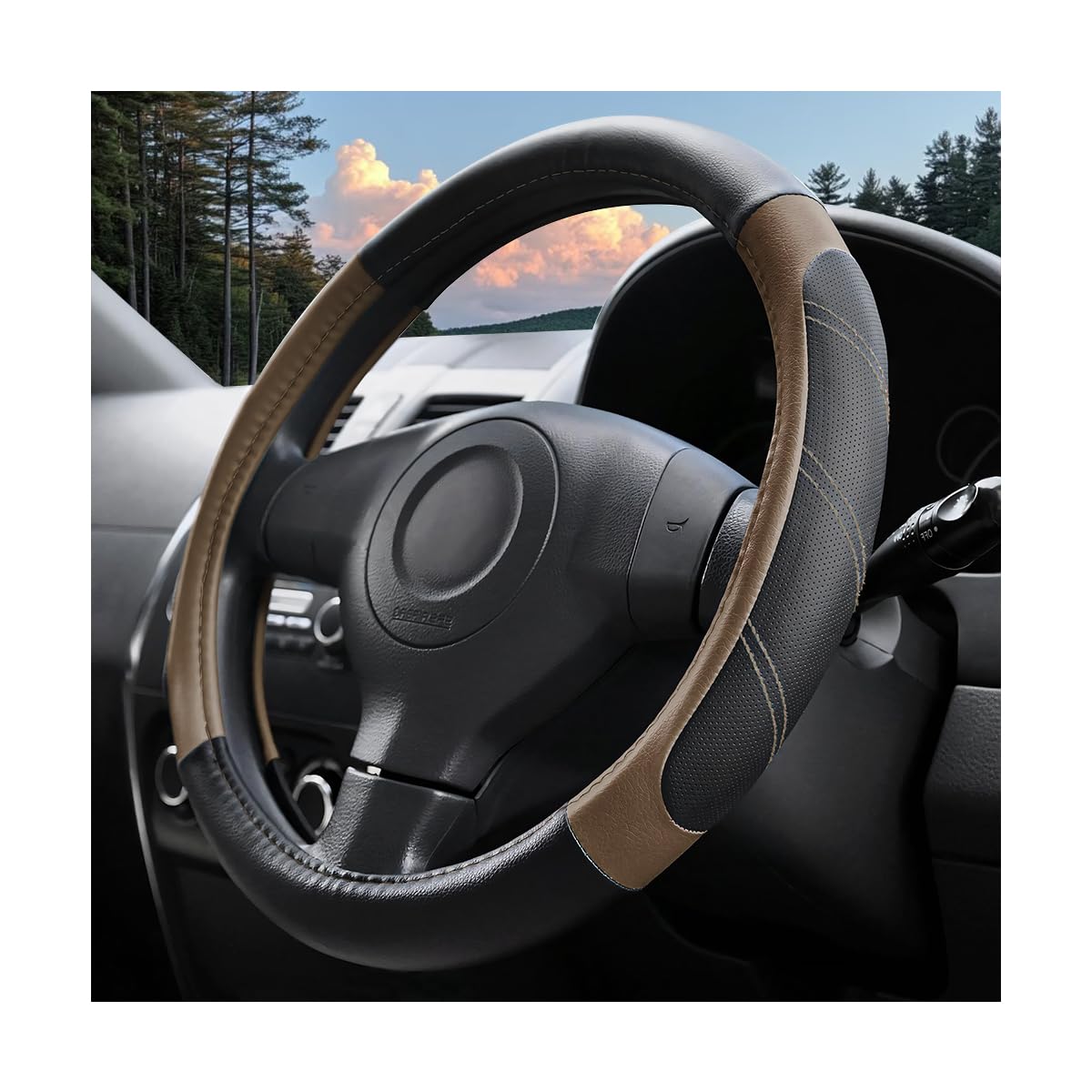14.5-15 Inch Leather Steering Wheel Cover, Non Slip, Black/Gray