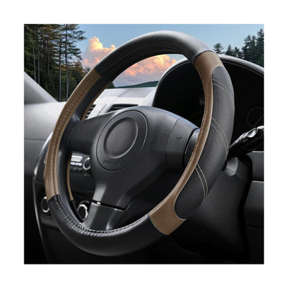 14.5-15 Inch Leather Steering Wheel Cover, Non Slip, Black/Gray