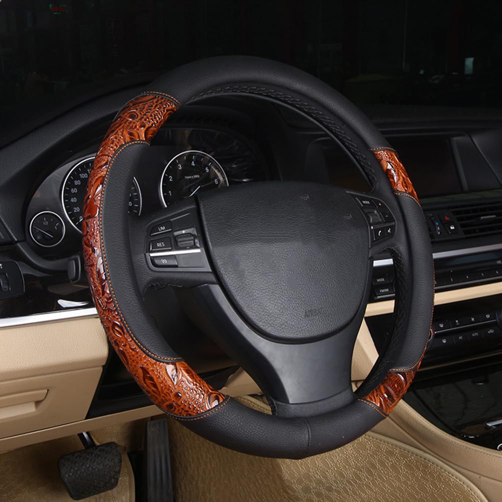 Leather Auto Car Steering Wheel Cover,Anti Slip Universal 15 Inch,Brown Crocodile with Rose Grain