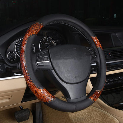 Leather Auto Car Steering Wheel Cover,Anti Slip Universal 15 Inch,Brown Crocodile with Rose Grain