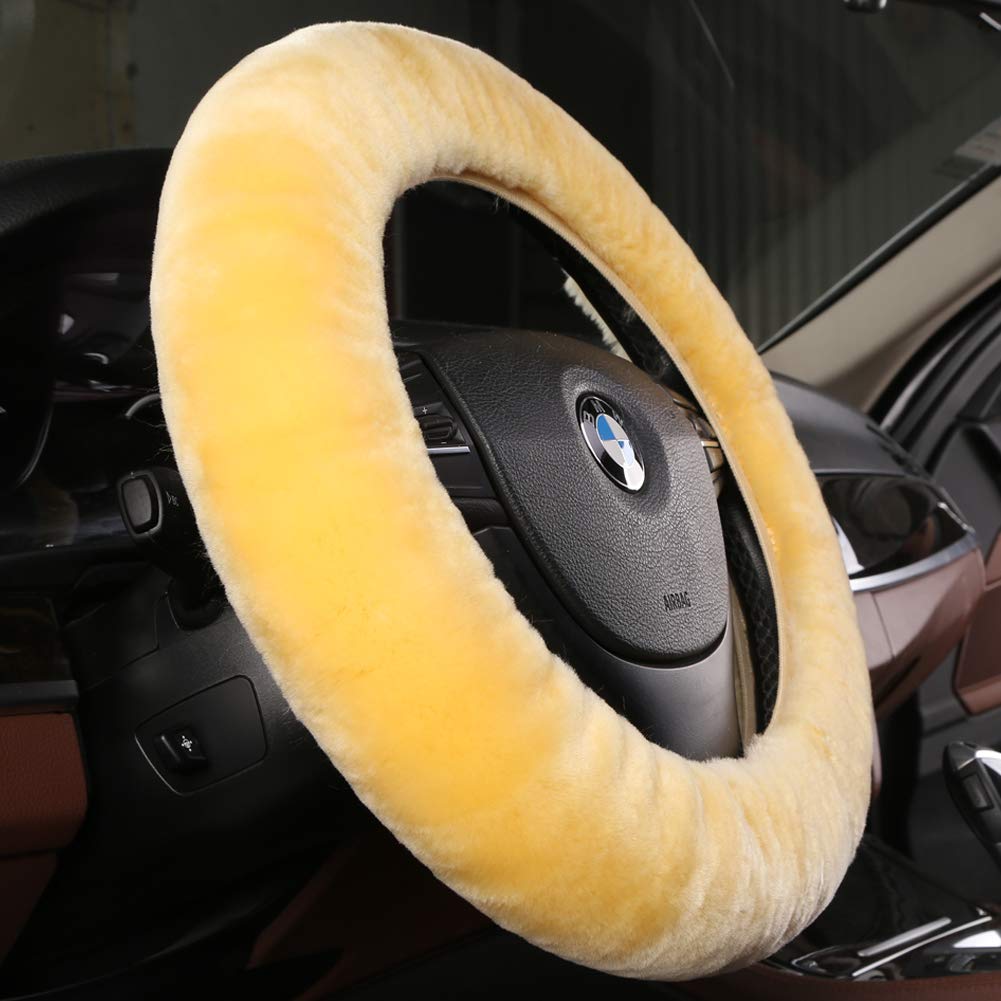 Black Fuzzy Sheepskin Car Steering Wheel Cover for Women | Soft Wool Girly
