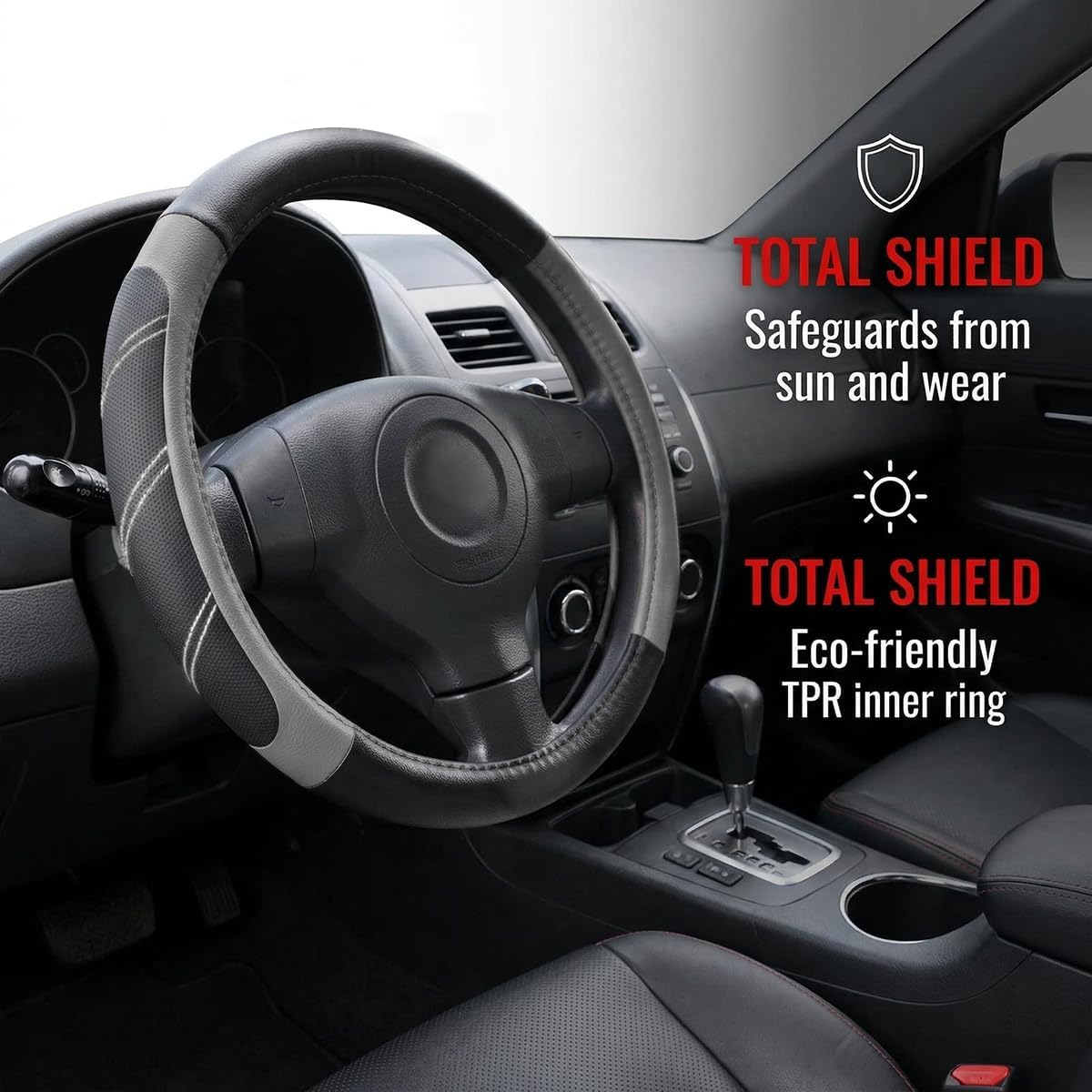 14.5-15 Inch Leather Steering Wheel Cover, Non Slip, Black/Gray