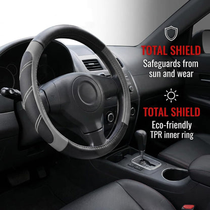 14.5-15 Inch Leather Steering Wheel Cover, Non Slip, Black/Gray