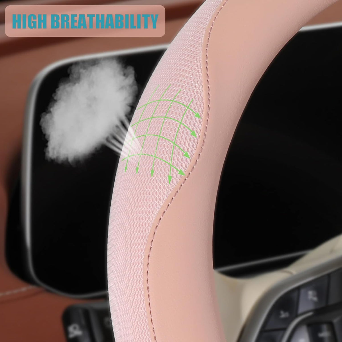 Nappa Leather Ice Silk Fabric Pink Steering Wheel Cover Women