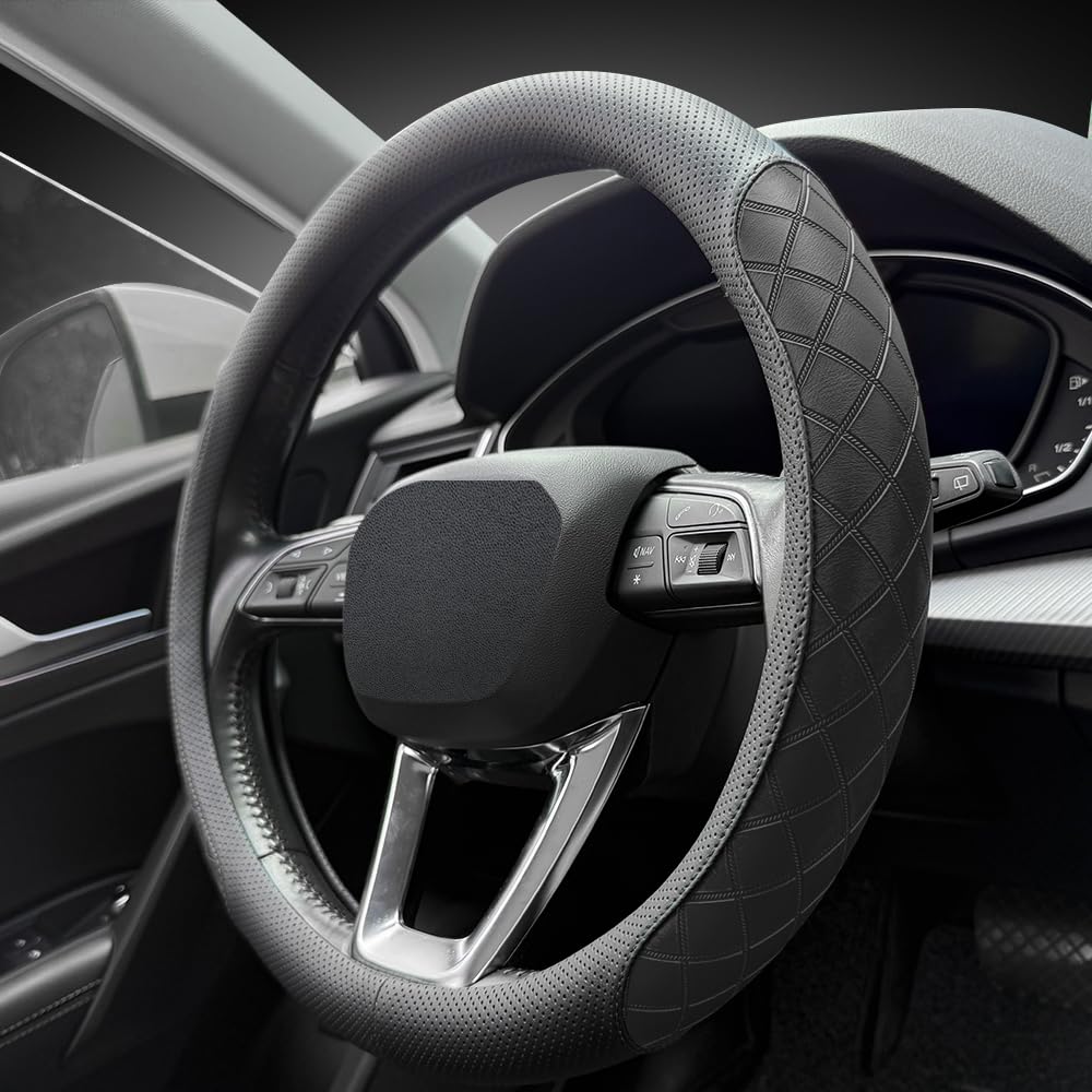LKWLIKEI Nappa Leather Steering Wheel Cover,Elegant Diamond Checkered Design, Non-Slip wear-Resistant, Enhance Driving Comfort, Suitable for Steering Wheel Diameter 14 1/2‘-15’ Models.Black Brown