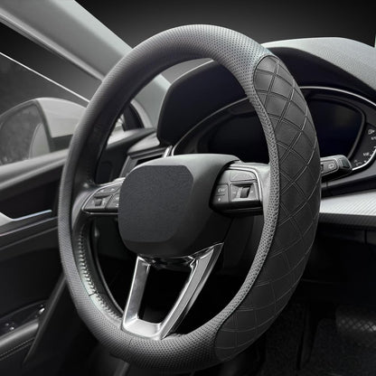 LKWLIKEI Nappa Leather Steering Wheel Cover,Elegant Diamond Checkered Design, Non-Slip wear-Resistant, Enhance Driving Comfort, Suitable for Steering Wheel Diameter 14 1/2‘-15’ Models.Black Brown