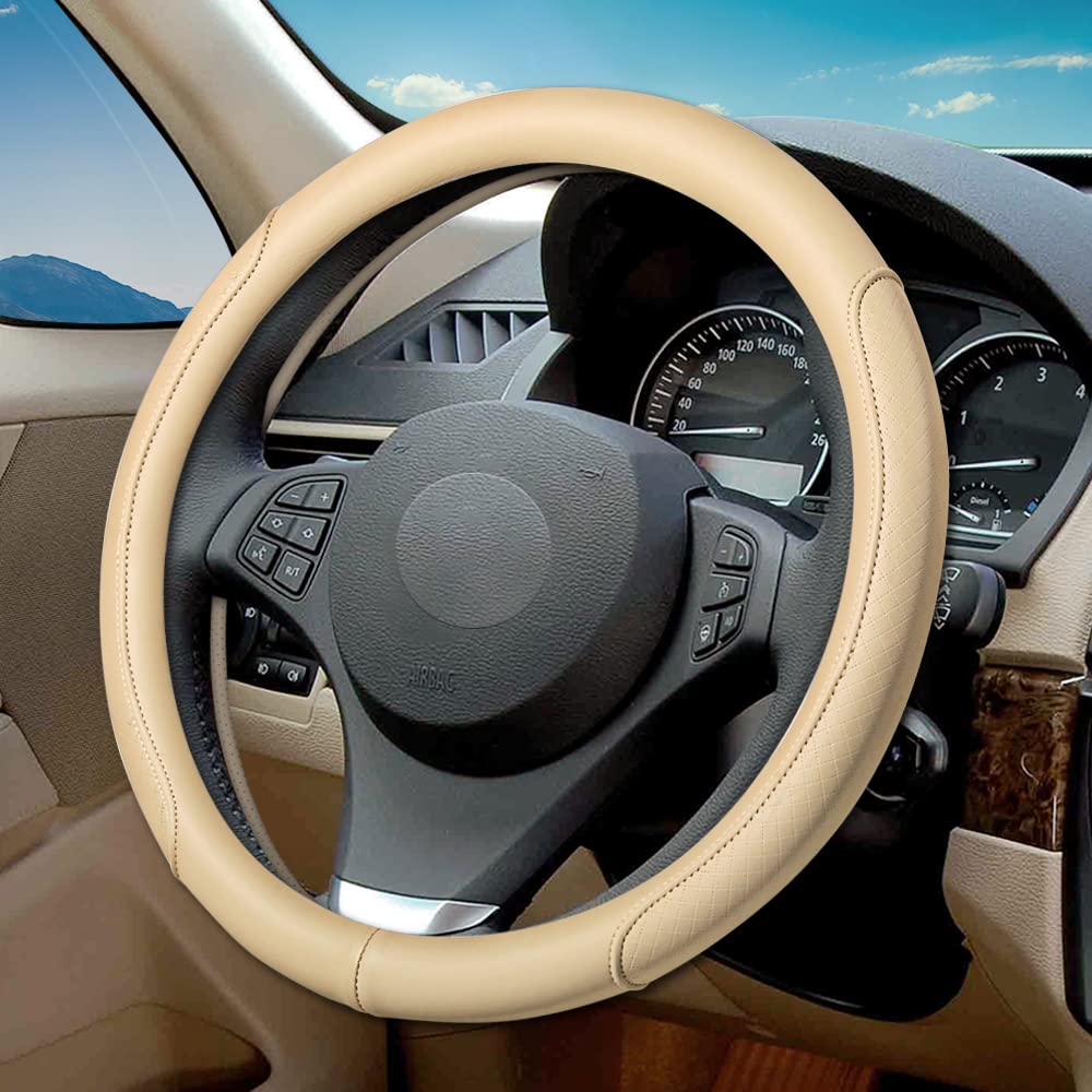 Microfiber Leather Steering Wheel Cover with Classic Embossing, Anti-Slip Breathable Auto Car Wheel Protector, 15 Inch, Coffee
