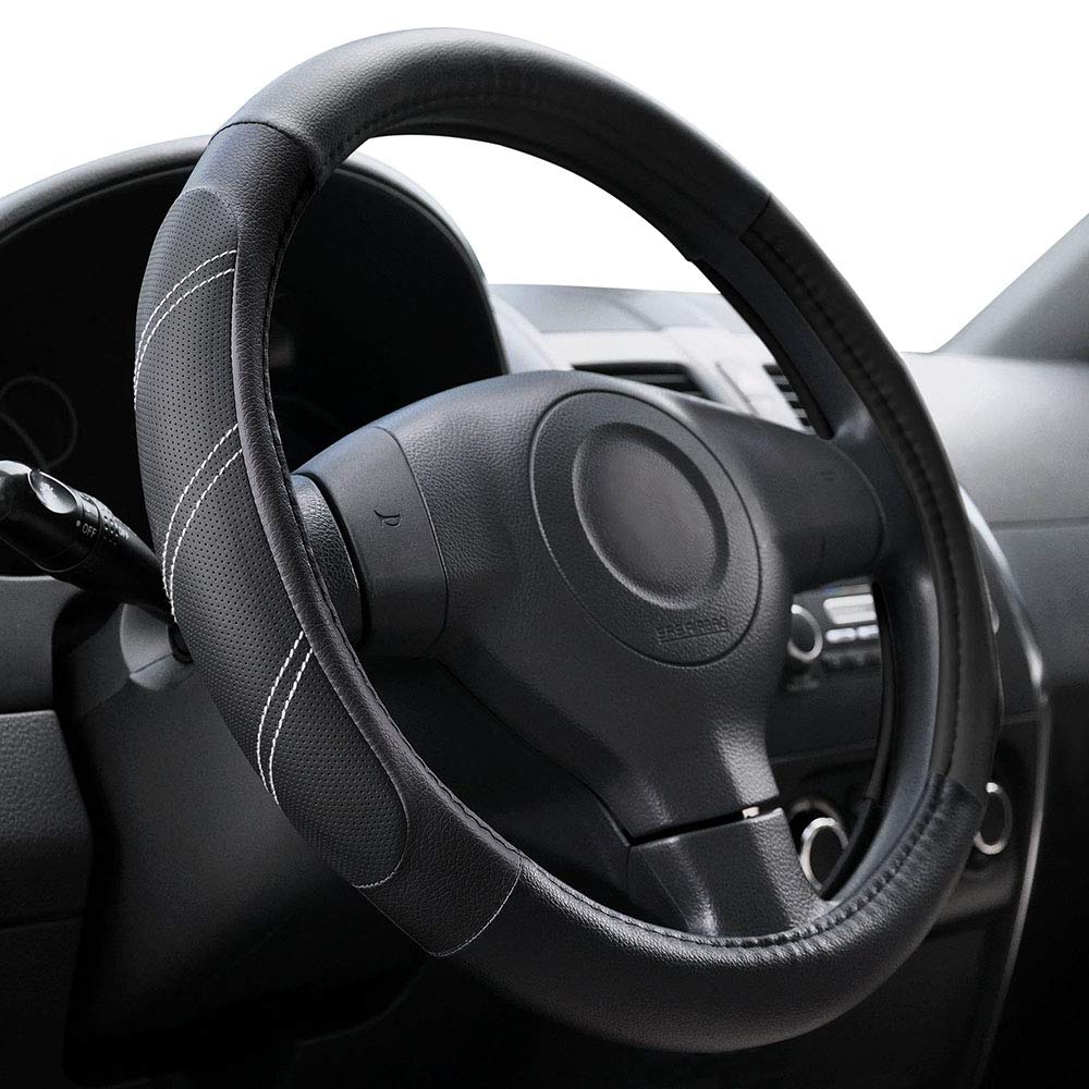 Elantrip Sport Leather Steering Wheel Cover 14 1/2 inch to 15 inch Universal, Padded Soft Grip Breathable for Car Truck SUV Jeep, Anti Slip Odorless Black and Beige